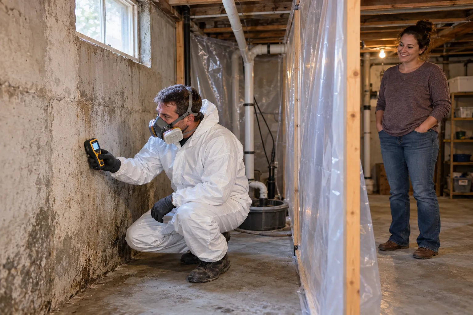 A local provider in protective gear checking a basement wall for mold in a St. Louis home
