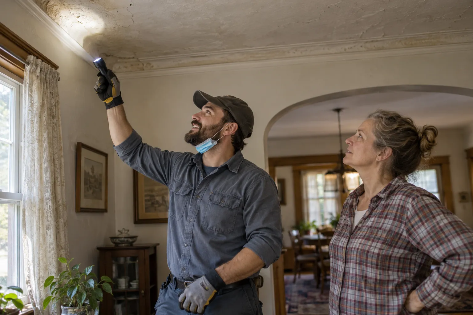 A provider checking a damp ceiling corner in a home in the St. Louis area